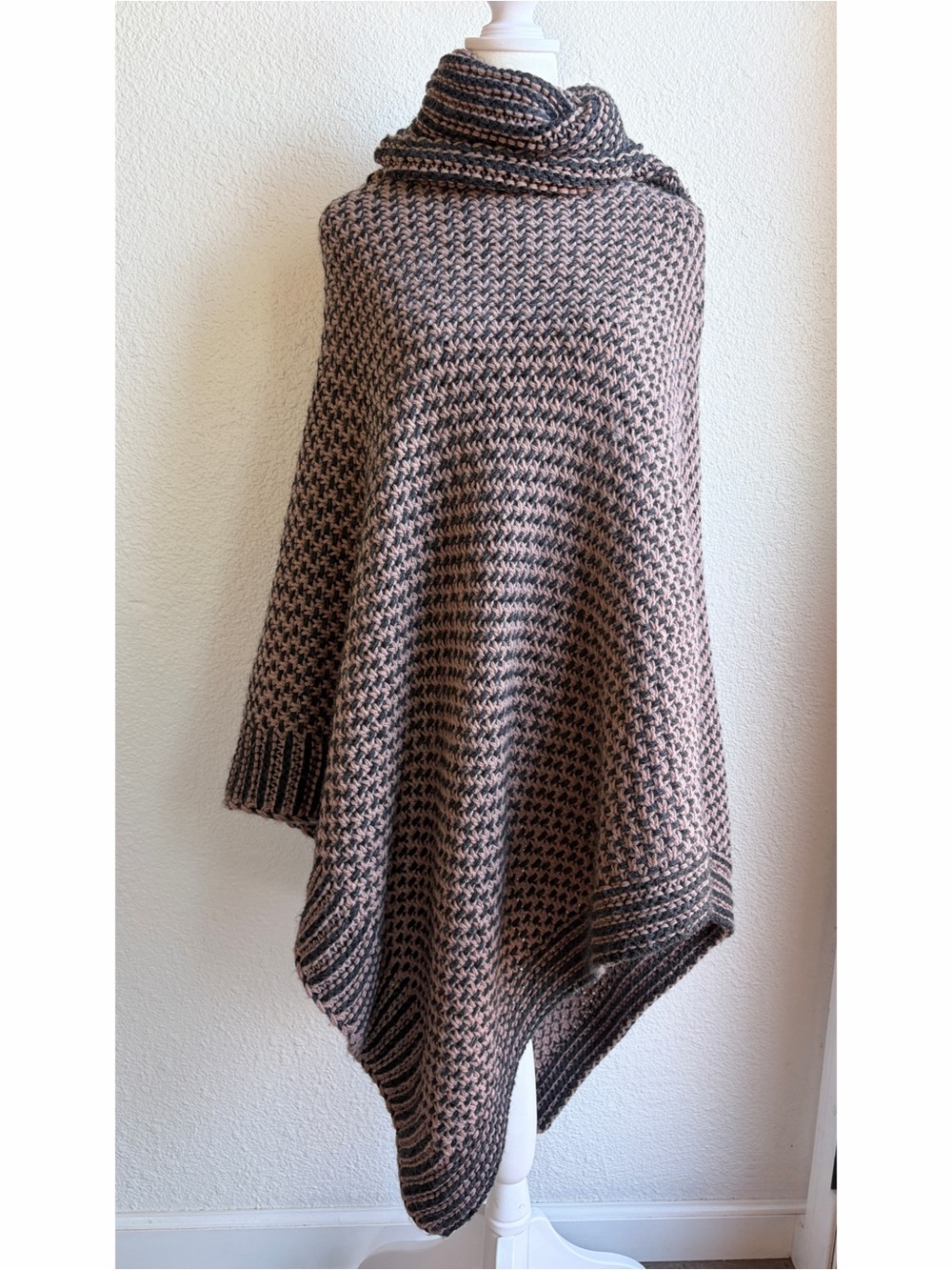 Brown and Black Knit Turtleneck Poncho OS